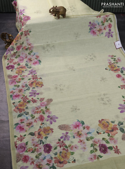 Linen cotton saree pale yellow and elaichi green with floral digital prints with floral digital prints & sequin work