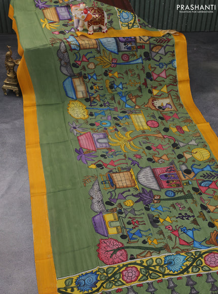 Pen kalamkari dupatta green and mustard yellow with allover kalamkari prints and zari woven border