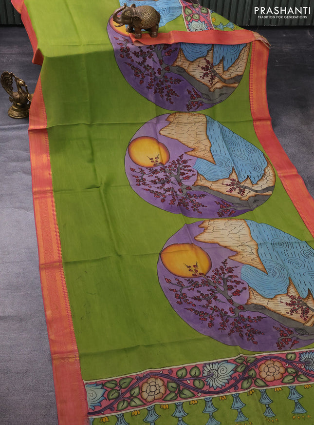 Pen kalamkari dupatta green and peach pink shade with allover kalamkari prints and zari woven border