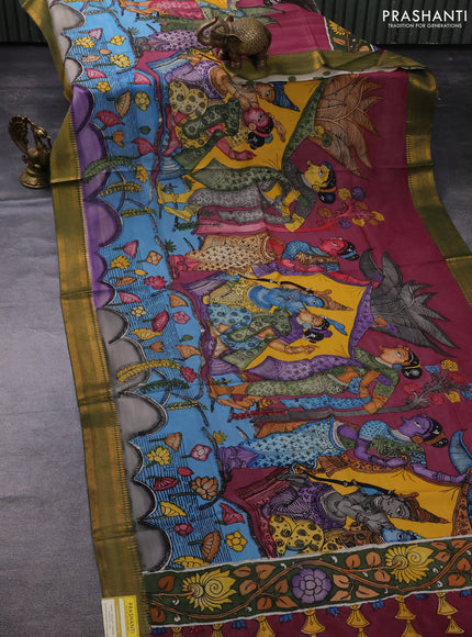 Pen kalamkari dupatta wine shade and green with allover kalamkari prints and zari woven border