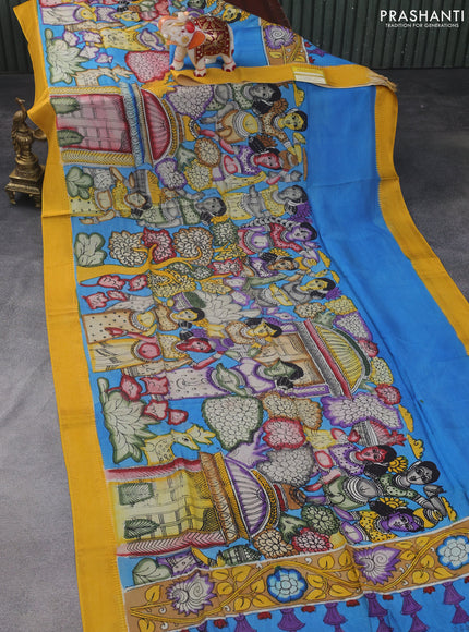 Pen kalamkari dupatta cs blue and mustard yellow with allover kalamkari prints and zari woven border