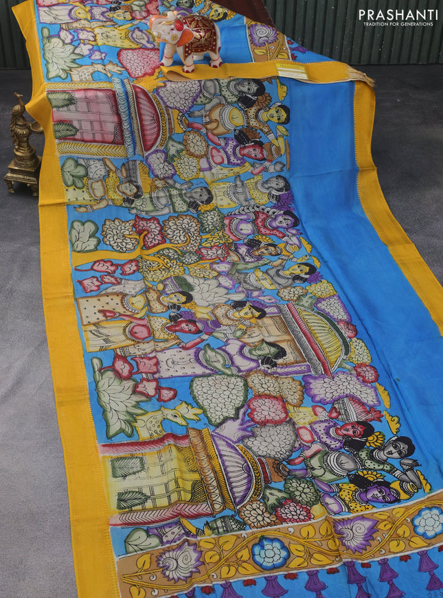 Pen kalamkari dupatta cs blue and mustard yellow with allover kalamkari prints and zari woven border
