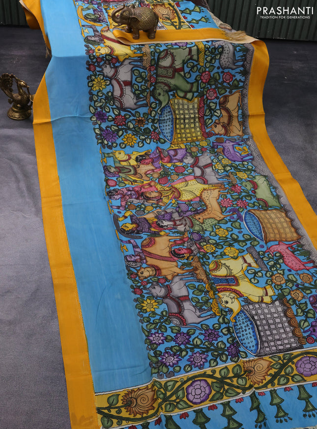 Pen kalamkari dupatta light blue and mustard yellow with allover kalamkari prints and zari woven border