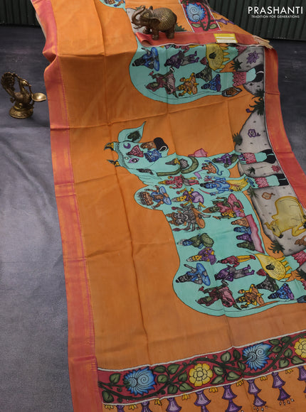 Pen kalamkari dupatta rust shade and maroon shade with allover kalamkari prints and zari woven border