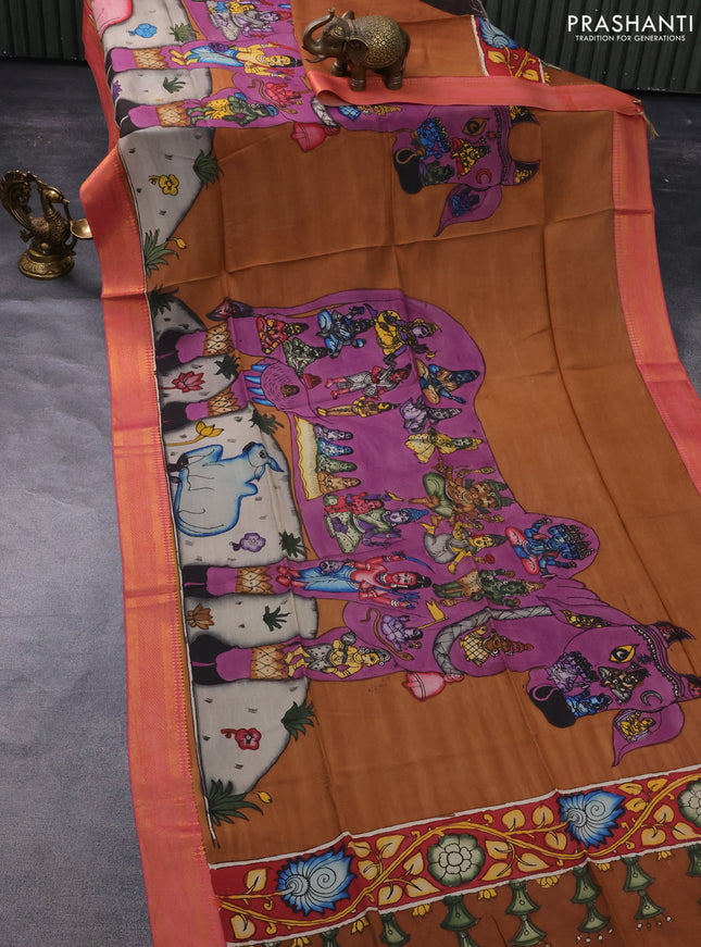 Pen kalamkari dupatta brown and peach pink shade with allover kalamkari prints and zari woven border