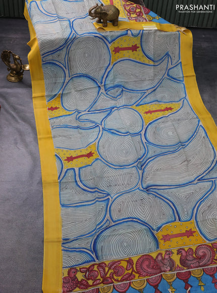 Pen kalamkari dupatta beige blue and mustard yellow with allover kalamkari prints and zari woven border