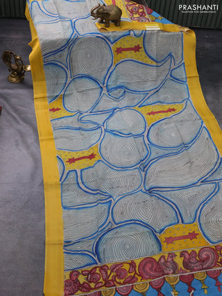 Pen kalamkari dupatta beige blue and mustard yellow with allover kalamkari prints and zari woven border