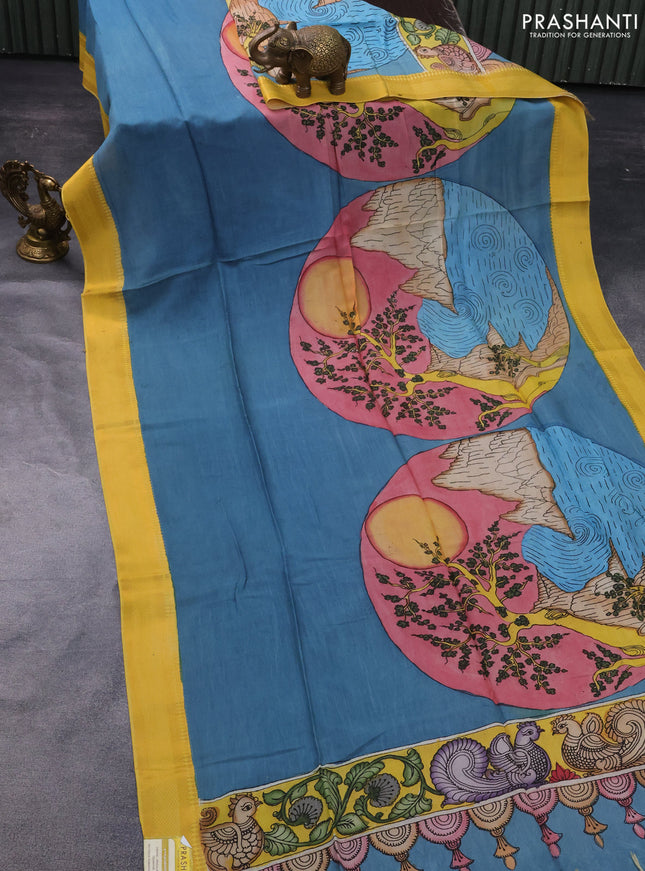 Pen kalamkari dupatta blue shade and mustard yellow with allover kalamkari prints and zari woven border