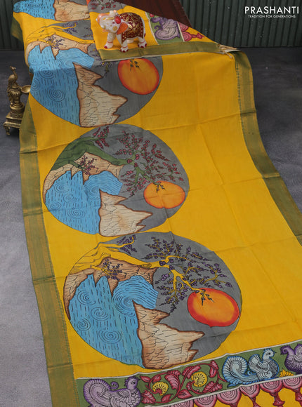 Pen kalamkari dupatta mango yellow and green with allover kalamkari prints and zari woven border