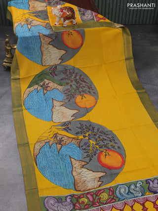 Pen kalamkari dupatta mango yellow and green with allover kalamkari prints and zari woven border