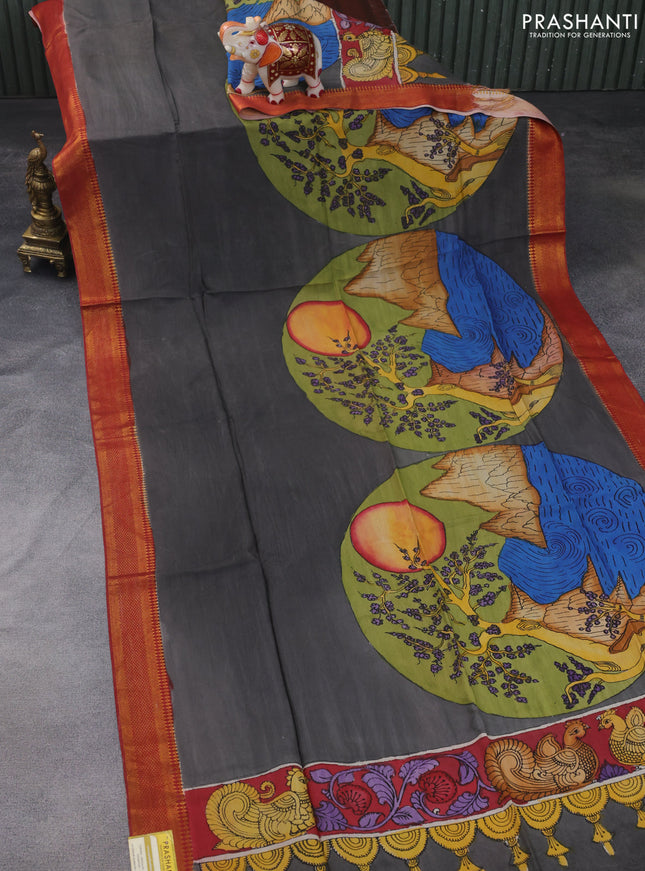 Pen kalamkari dupatta dark grey and maroon with allover kalamkari prints and zari woven border