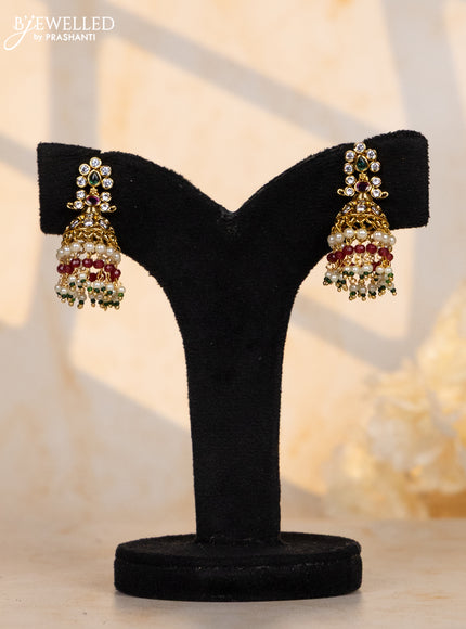 Antique jhumkas with kemp and cz stones in pearl hangings