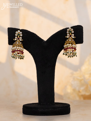 Antique jhumkas with kemp and cz stones in pearl hangings