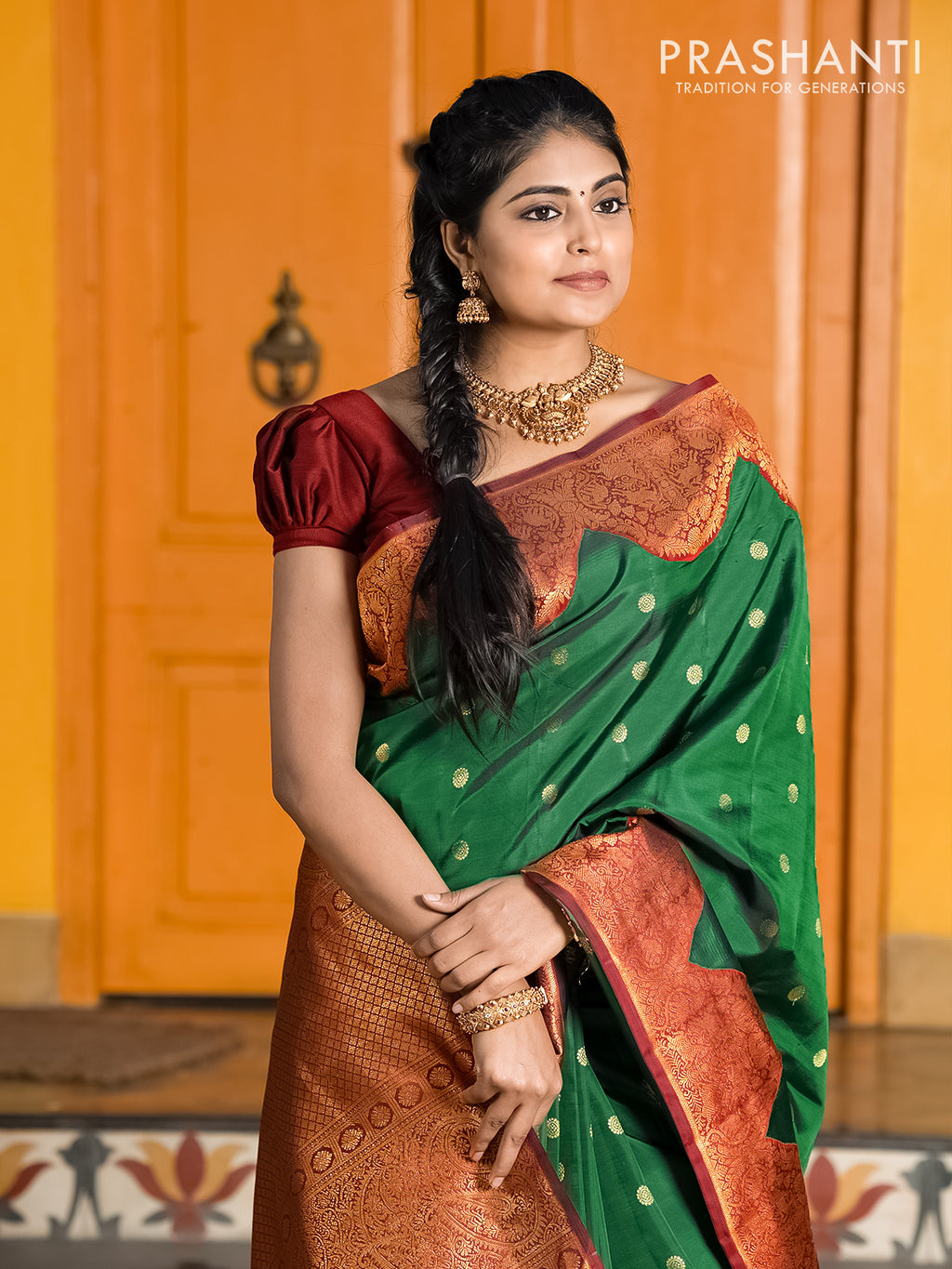 Free full draping )Orange and green soft silk saree with aari worked –  Threads