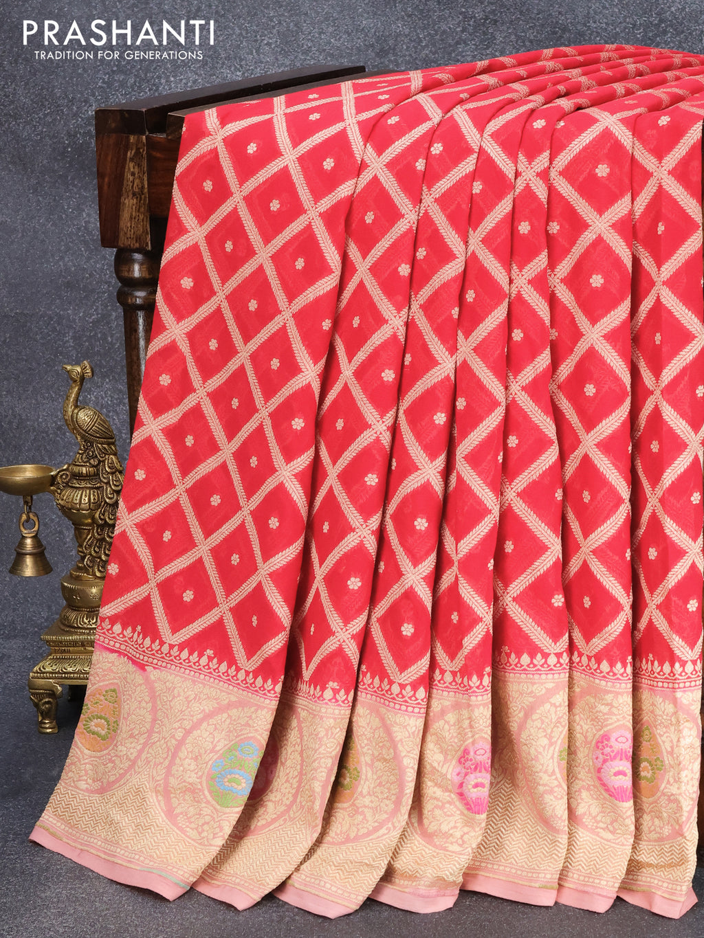 Silk Museum HANDLOOM WEAVED Banarasi Khaddi Georgette Meenakari Saree, With  Blouse, 6.3 m