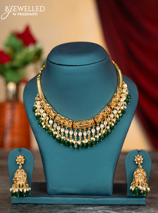 Antique necklace floral design with cz stones and pearl & green beads hangings