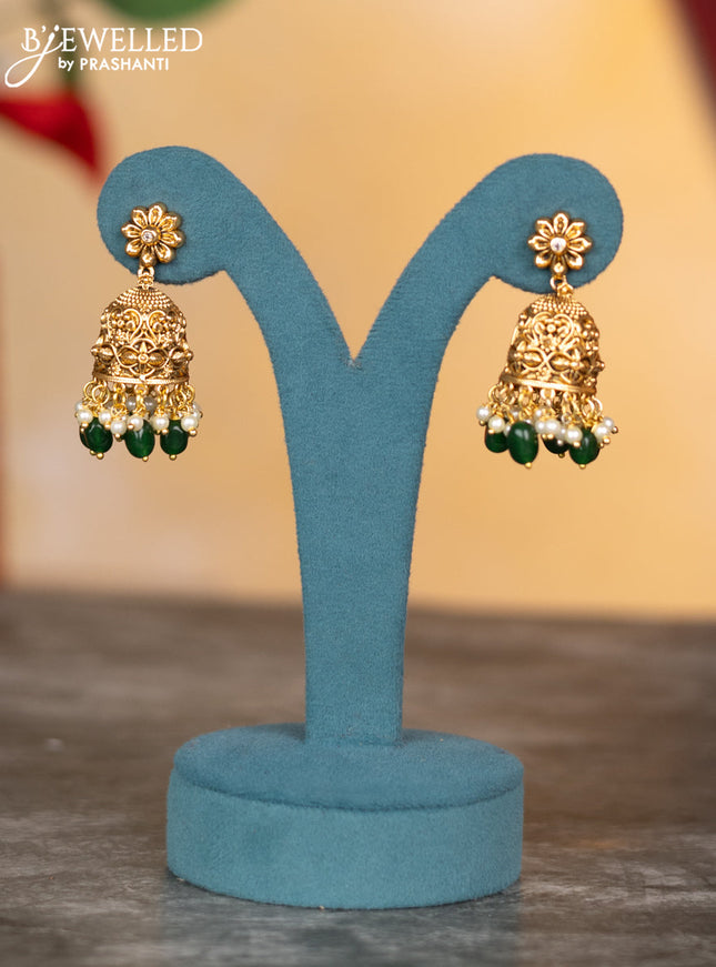 Antique necklace floral design with cz stones and pearl & green beads hangings