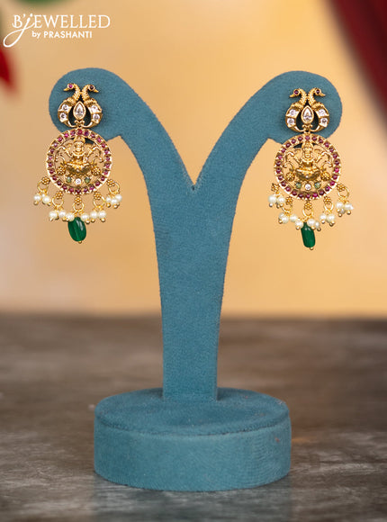 Antique necklace lakshmi design with kemp & cz stones and pearl & green beads hangings