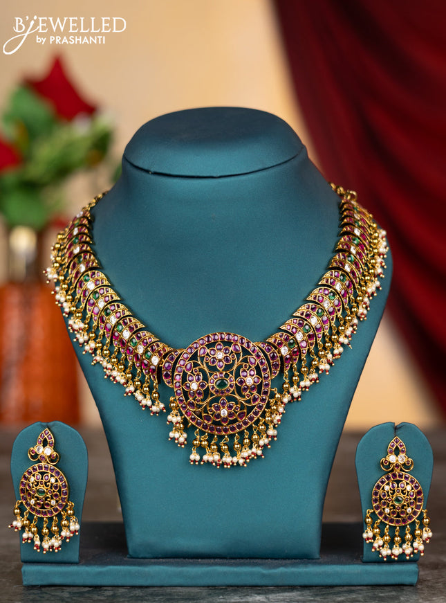 Antique necklace chandbali & floral design with kemp & cz stones and pearl & golden beads hangings