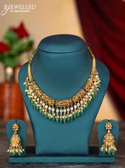 Antique necklace floral design with cz stones and pearl & mint green beads hangings