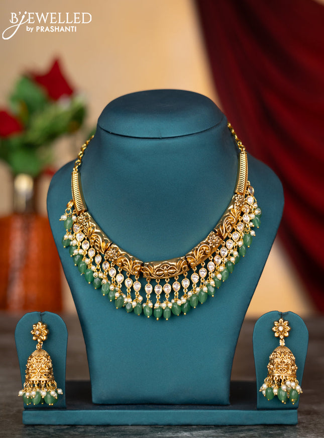 Antique necklace floral design with cz stones and pearl & mint green beads hangings