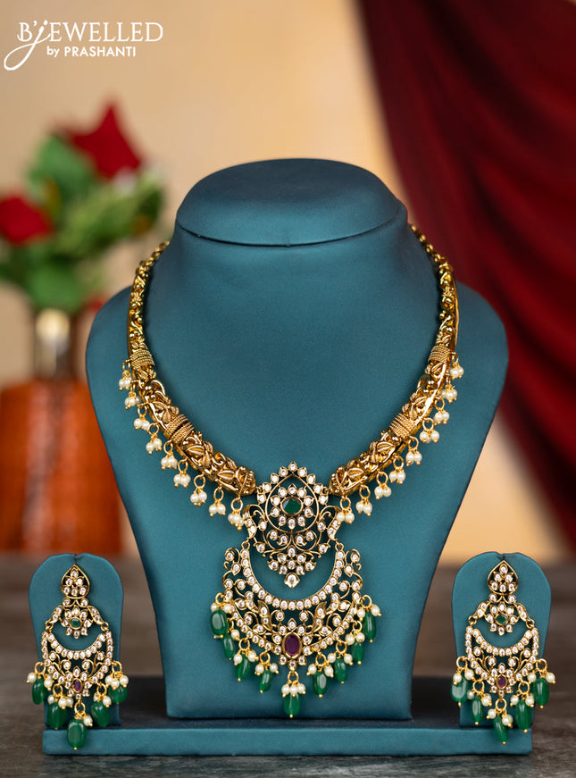 Antique necklace floral design with kemp & cz stones and pearl & green beads hangings