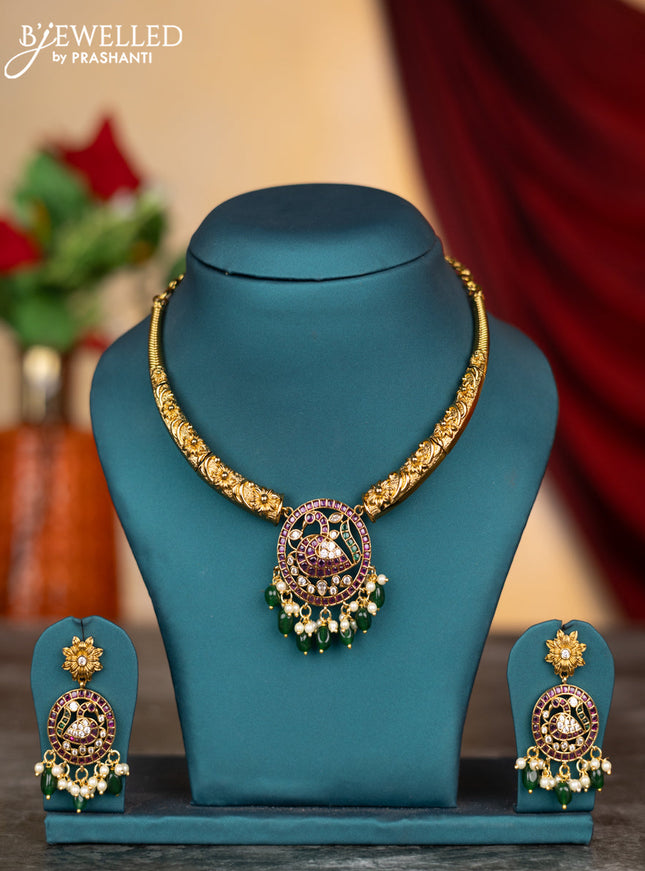 Antique necklace peacock design with kemp & cz stones and pearl & green beads hangings