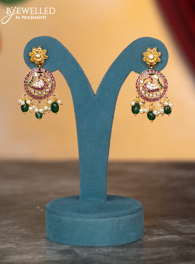 Antique necklace peacock design with kemp & cz stones and pearl & green beads hangings