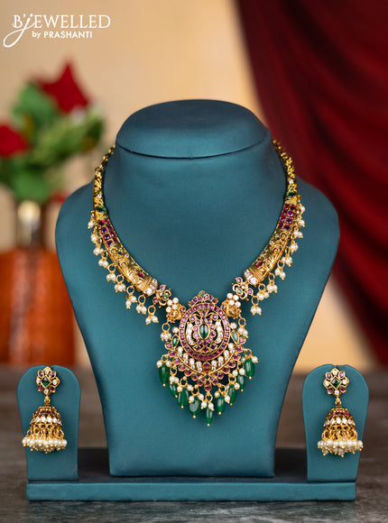 Antique necklace with kemp & cz stones and pearl & green beads hangings