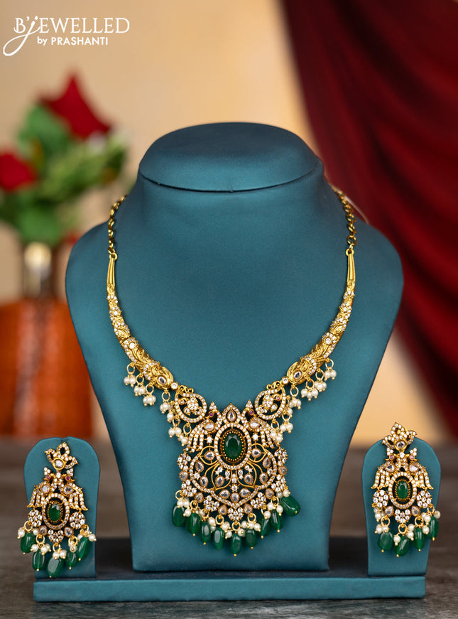 Antique necklace peacock design with green kemp & cz stones and pearl & green beads hangings
