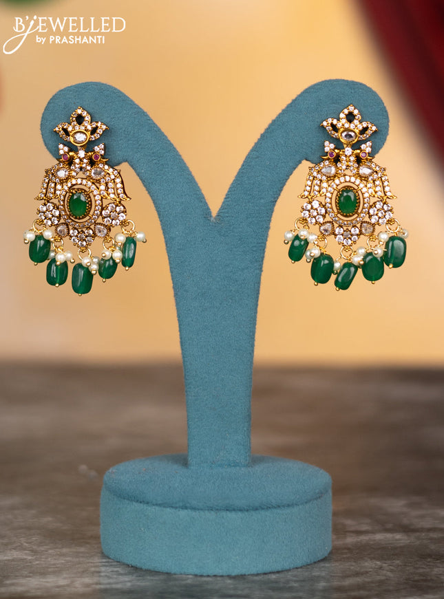 Antique necklace peacock design with green kemp & cz stones and pearl & green beads hangings