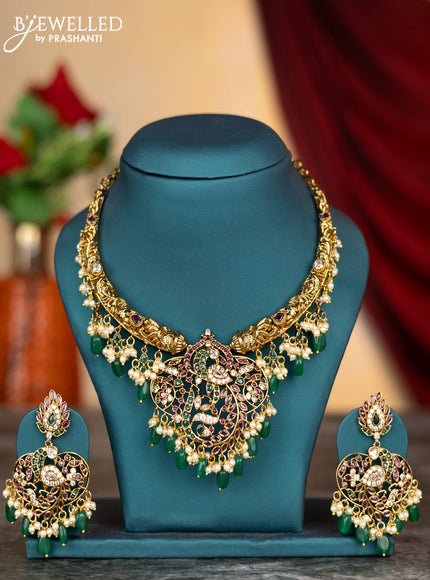 Antique necklace peacock design with kemp & cz stones and pearl & green beads hangings