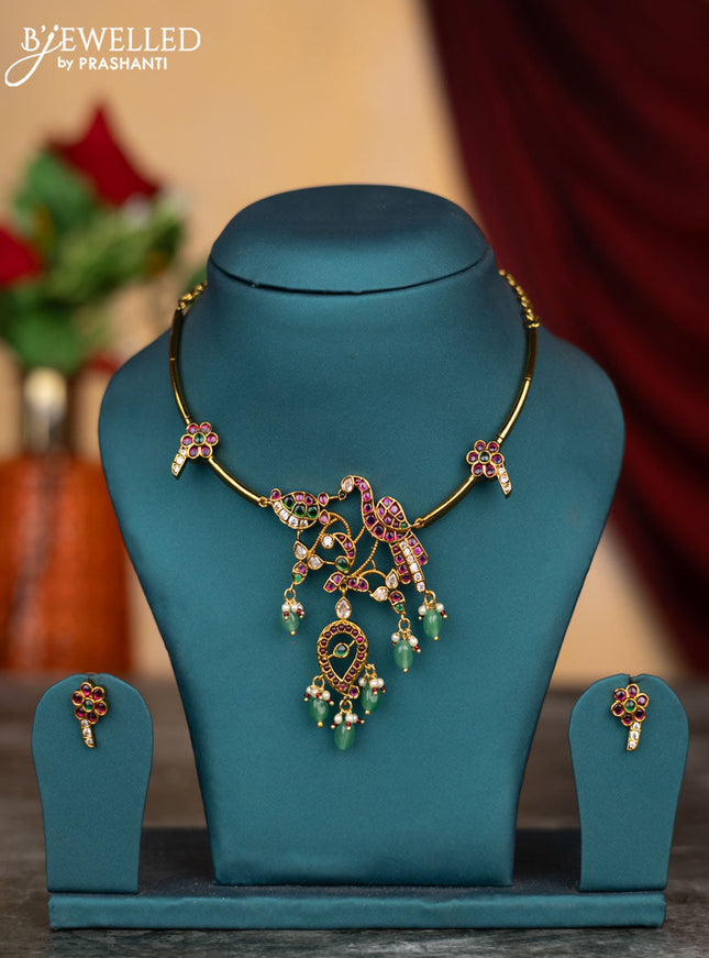 Antique ring type necklace peacock & manga design with kemp & cz stones and pearl & green beads hangings