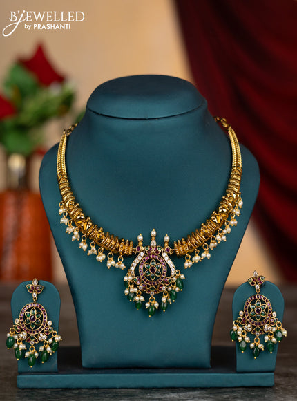 Antique necklace floral design with kemp & cz stones and pearl & green beads hangings