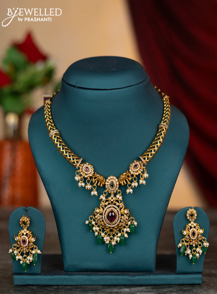 Antique necklace elephant design with kemp & cz stones and green beads hangings