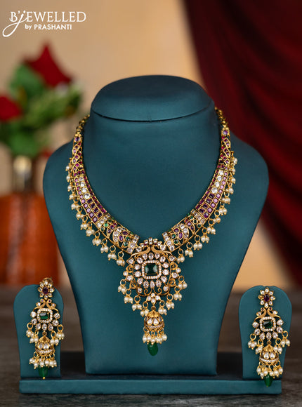 Antique necklace with kemp & cz stones and pearl & green beads hangings