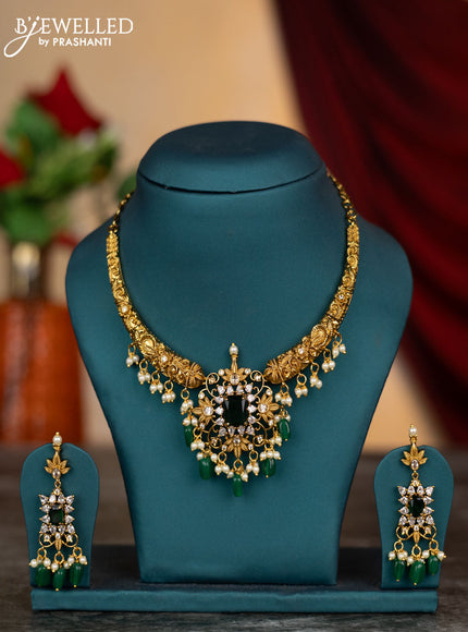 Antique necklace floral design with green kemp & cz stones and pearl & green beads hangings