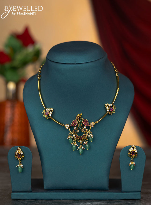 Antique ring type necklace peacock design with kemp & cz stones and pearl & green beads hangings