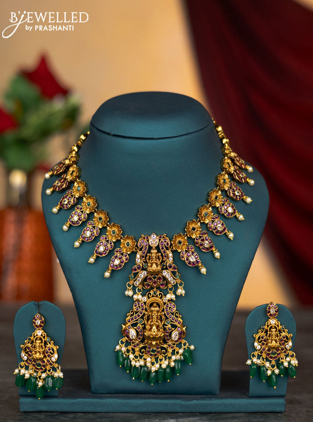 Antique necklace lakshmi & manga design with kemp & cz stones and pearl & green beads hangings