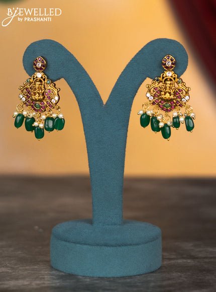 Antique necklace lakshmi & manga design with kemp & cz stones and pearl & green beads hangings