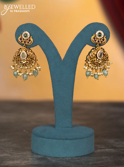 Antique double layer necklace peacock design with kemp & cz stones and pearl & mint green beads hangings