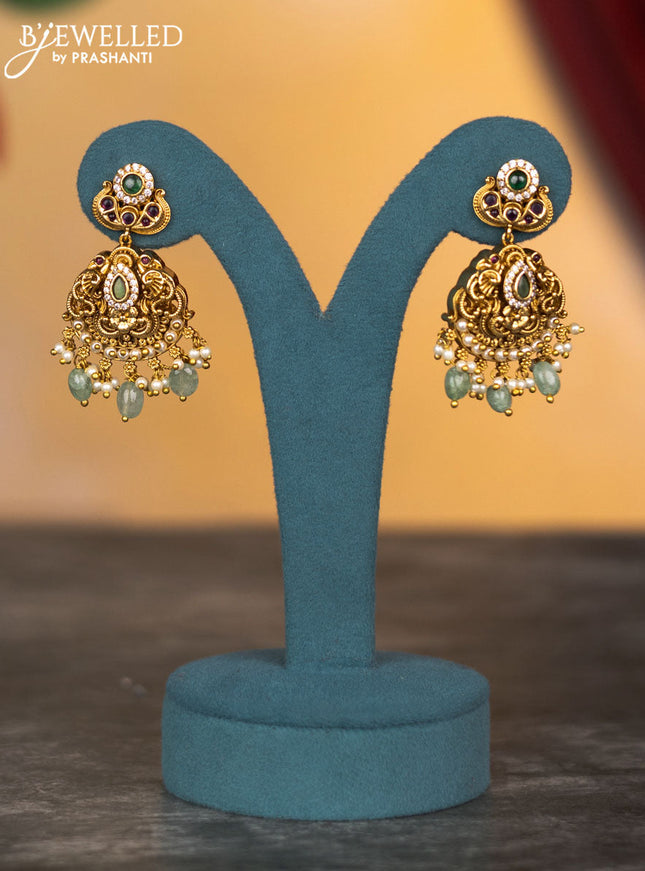 Antique double layer necklace peacock design with kemp & cz stones and pearl & mint green beads hangings