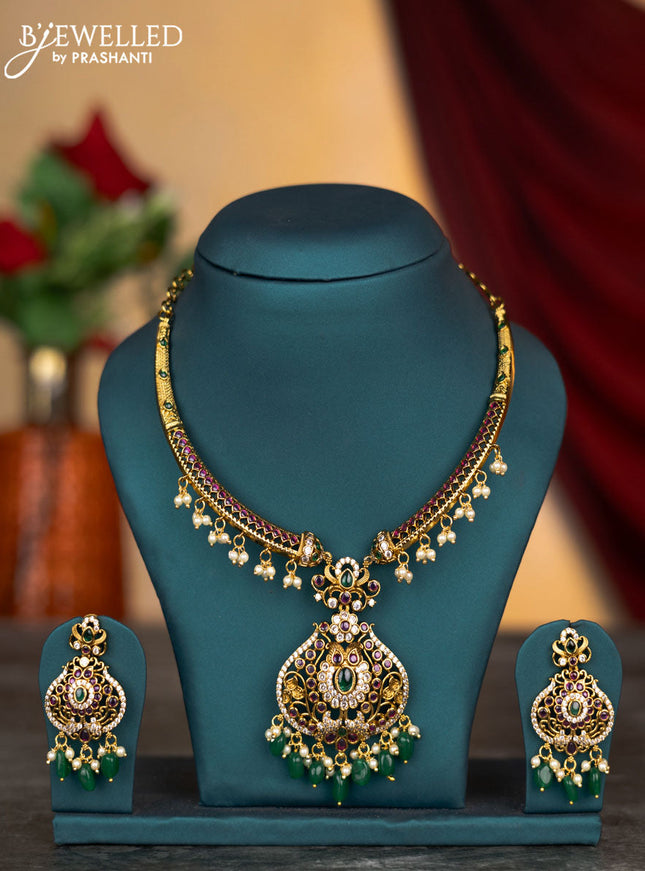 Antique necklace with kemp & cz stones and pearl & green beads hangings