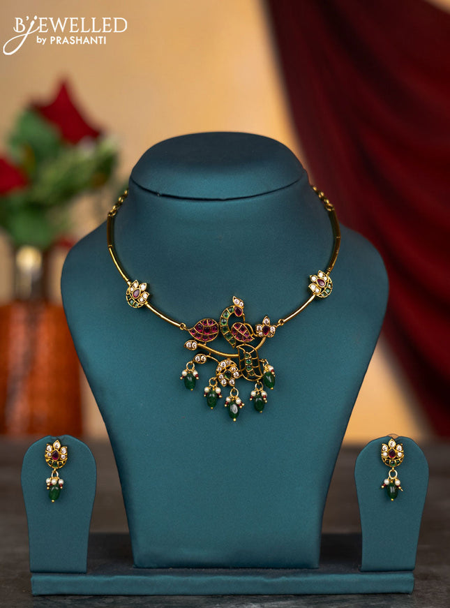 Antique ring type necklace peacock design with kemp & cz stones and pearl & green beads hangings
