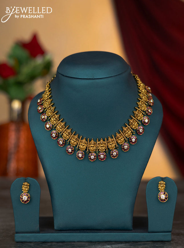 Antique necklace lakshmi design with kemp and cz stones