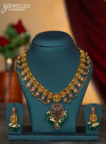 Antique necklace lakshmi & manga design with kemp & cz stones and pearl & green beads hangings