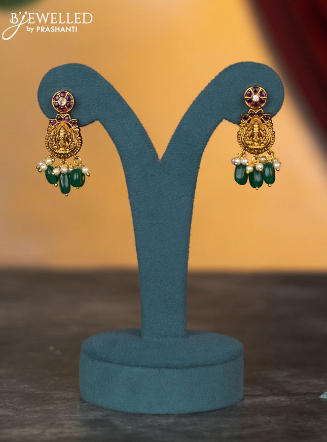 Antique necklace lakshmi & manga design with kemp & cz stones and pearl & green beads hangings