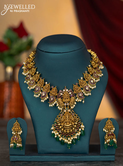 Antique necklace lakshmi & manga design with kemp & cz stones and pearl & green beads hangings