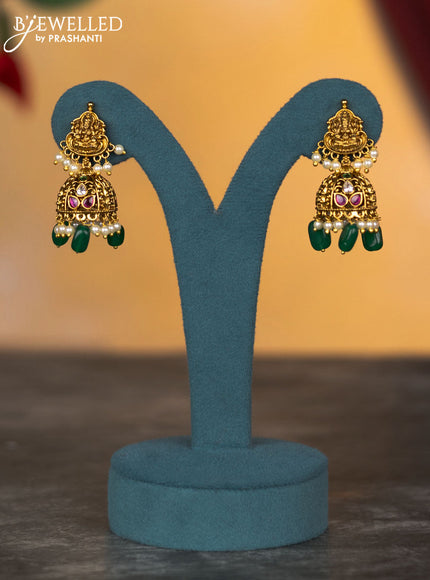 Antique necklace lakshmi & manga design with kemp & cz stones and pearl & green beads hangings