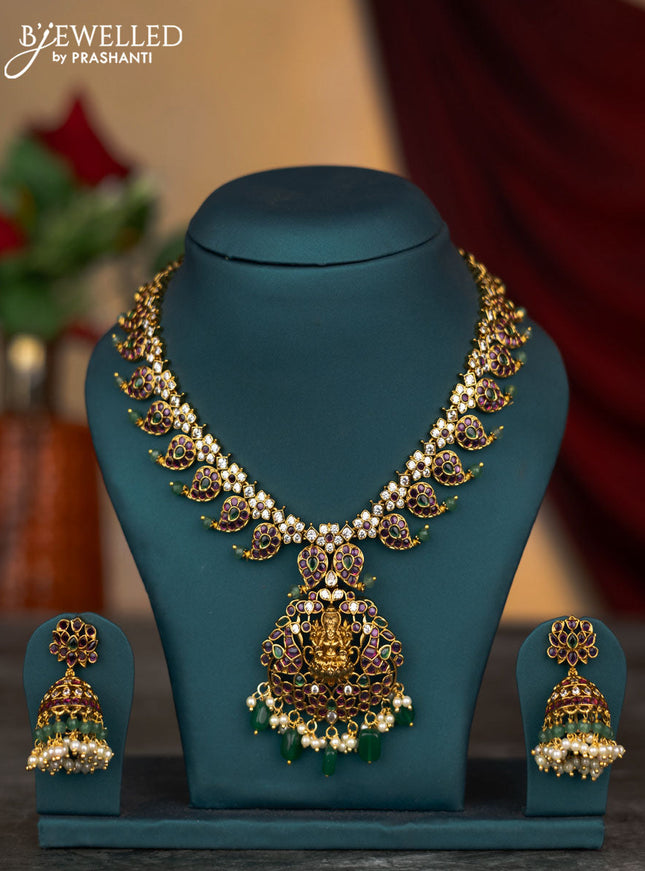 Antique changable 3 pendant necklace lakshmi & manga design with kemp & cz stones and pearl & beads hangings